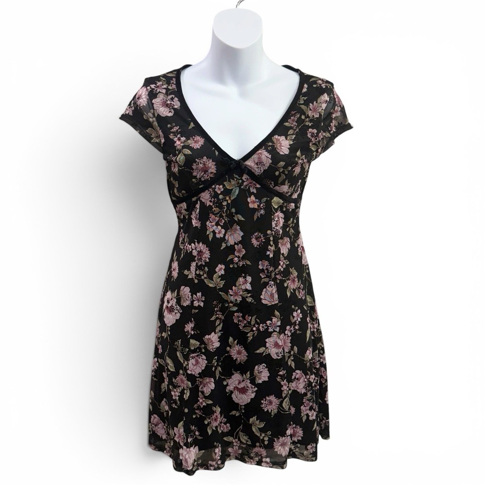 Planet Heart Y2K Black Floral Babydoll Slip Dress Sz Small Romantic Velvet Trim